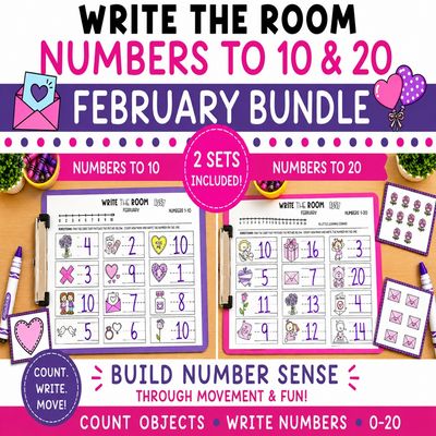 February Numbers Write the Room | Numbers to 10 and 20 Math Center Activity Valentines Day