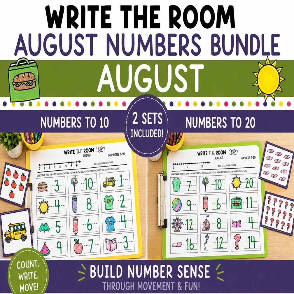 August Numbers Write the Room | Numbers to 10 and 20 | Back to School Math Center Activity