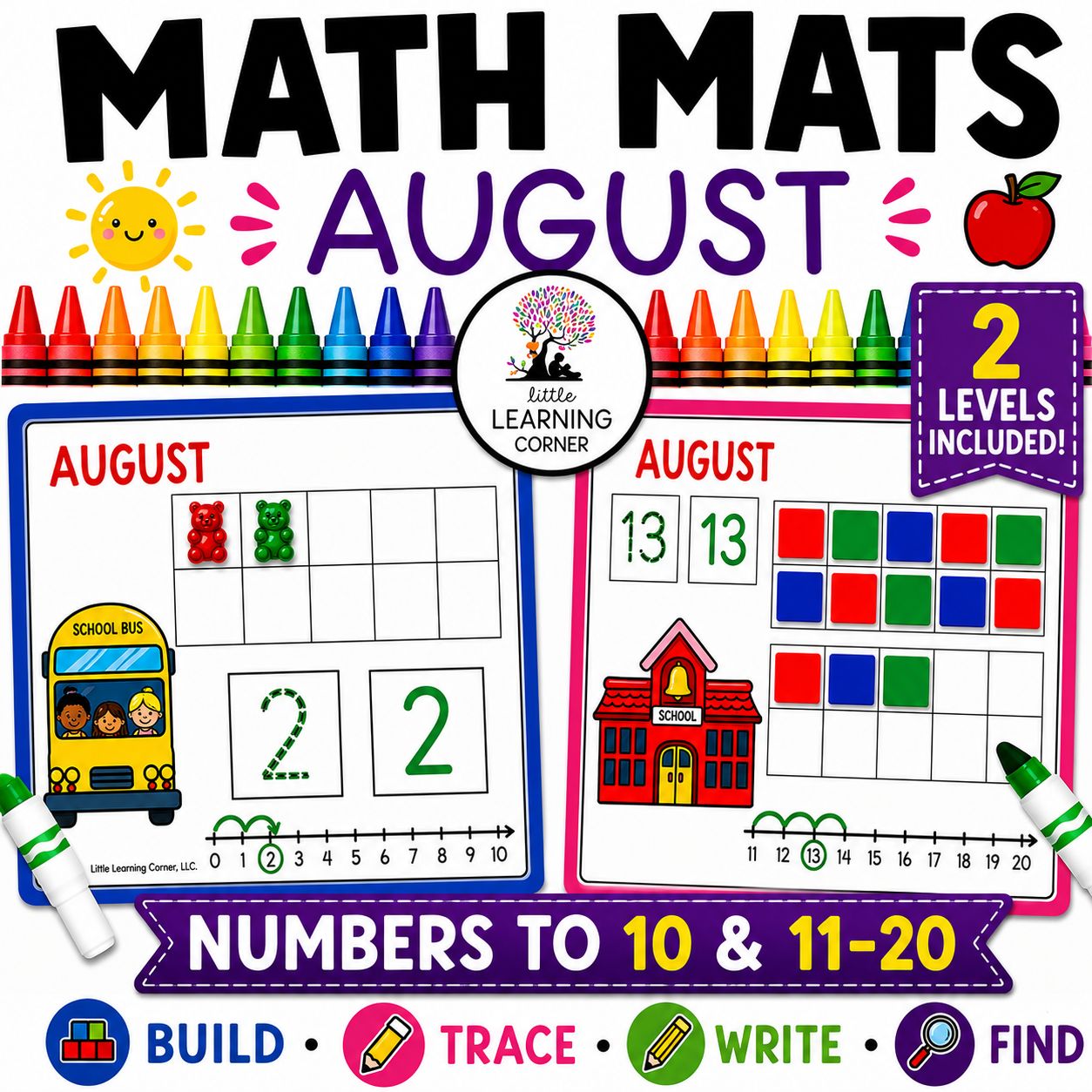 August Math Mats | Numbers to 10 | Numbers 11-20 | Back to School Counting Center Activity