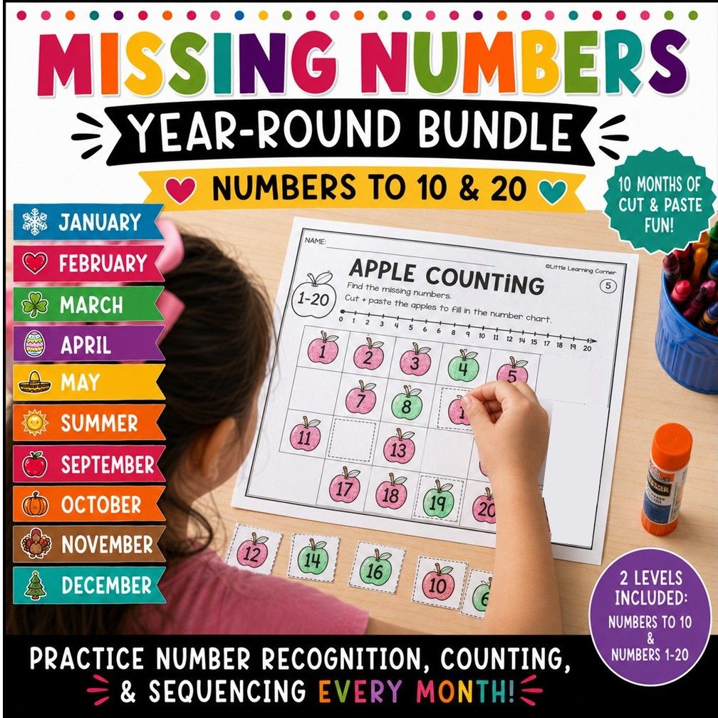 Missing Numbers Worksheets | Monthly Bundle | Math | Numbers to 10 | Numbers to 20