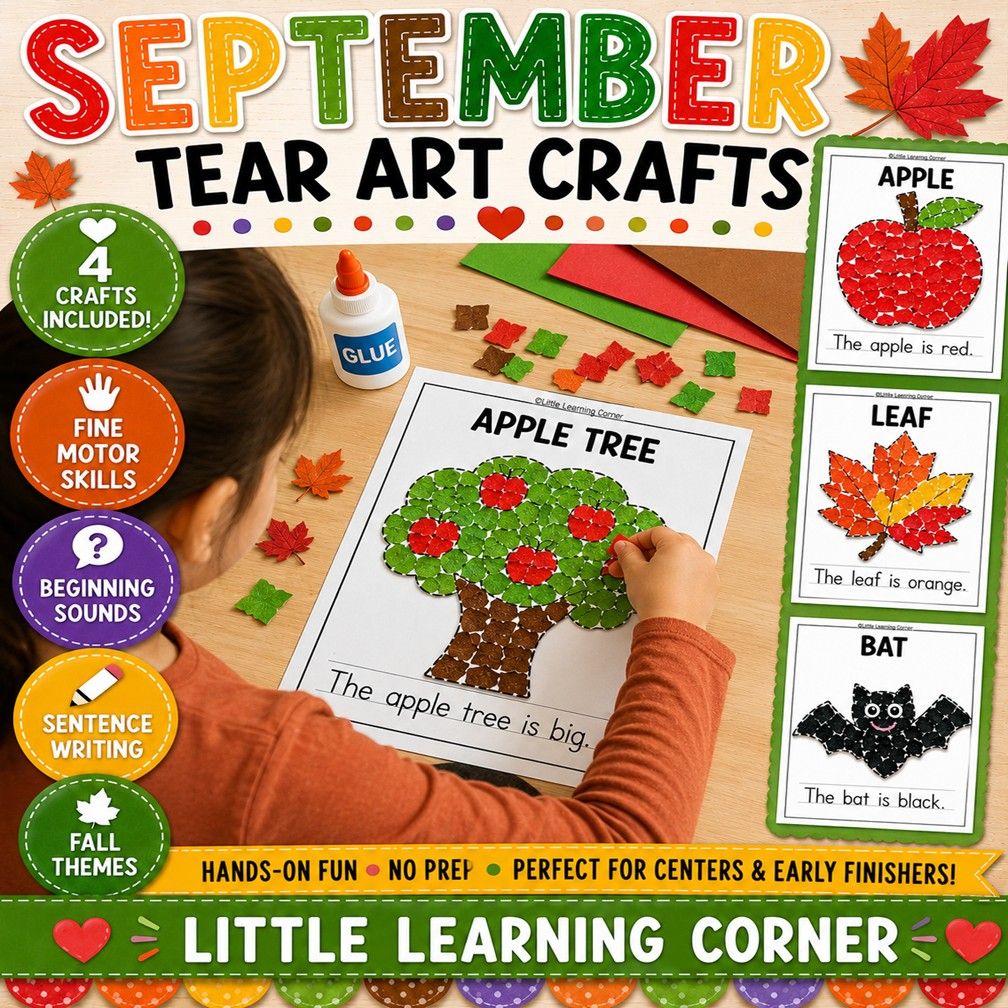 September Tear Art Crafts + Writing | Fall Apples Fine Motor Coloring Pages