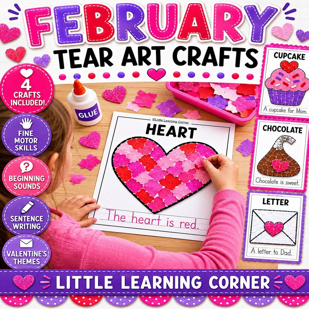 February Tear Art Crafts + Writing | Valentines Day Fine Motor Coloring Pages