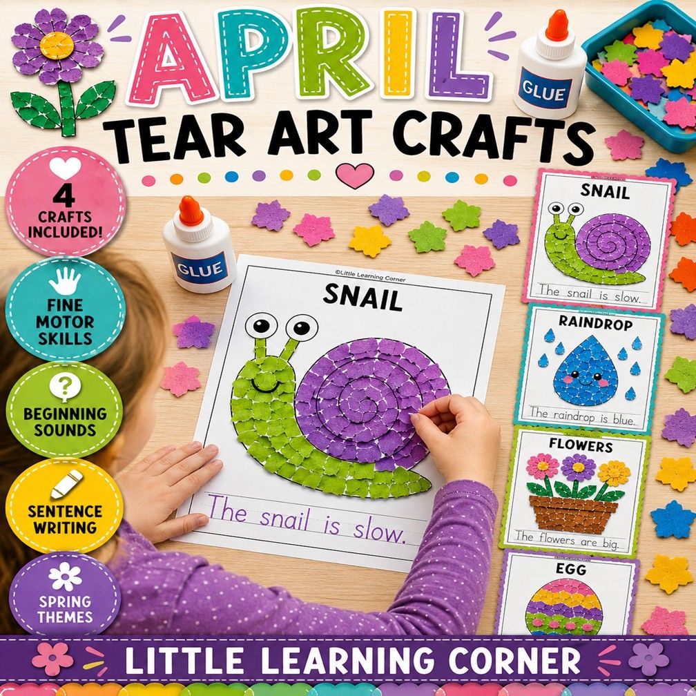 April Tear Art Crafts + Writing | Spring Flowers Fine Motor Coloring Pages