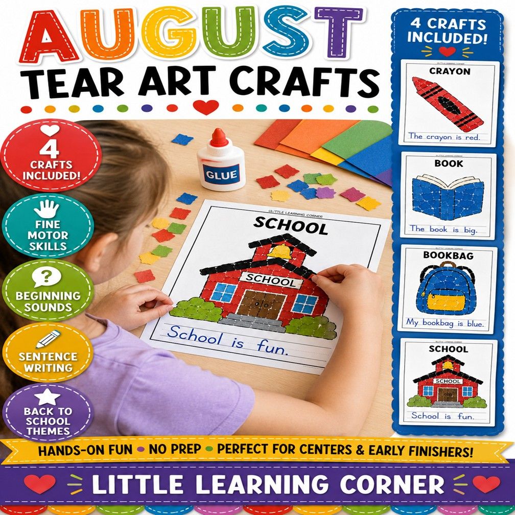 August Tear Art Crafts + Writing | Back to School Fine Motor Coloring Pages