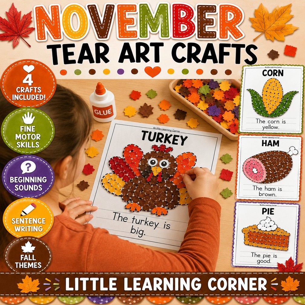 November Tear Art Crafts + Writing | Thanksgiving Fine Motor Coloring