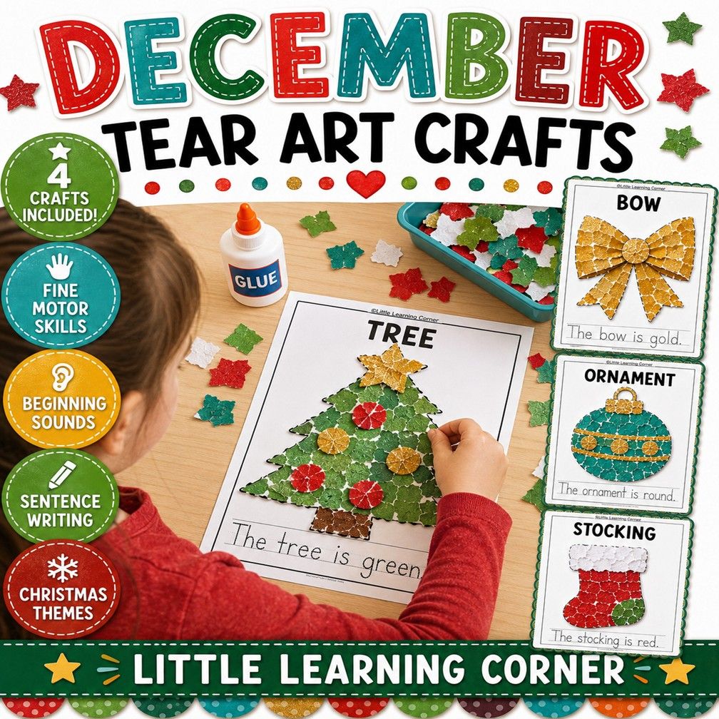 December Tear Art Crafts + Writing | Christmas Fine Motor Coloring Pages