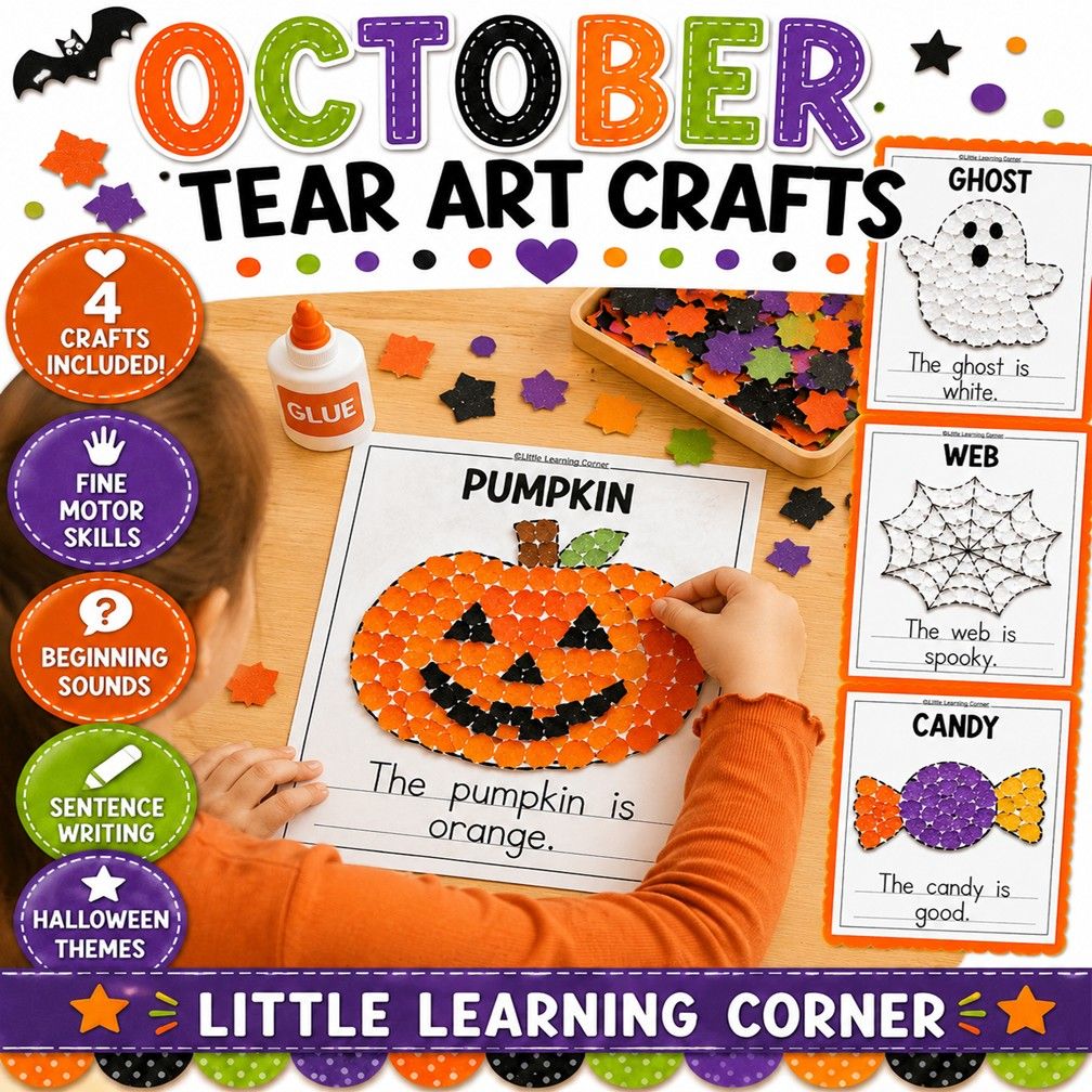 October Tear Art Crafts + Writing | Fall Halloween Fine Motor Coloring Pages