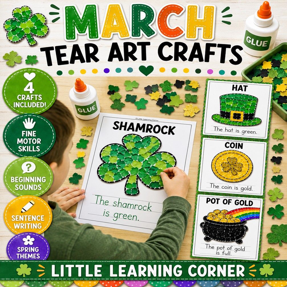 March Tear Art Crafts + Writing | St. Patricks Day Fine Motor Coloring Pages