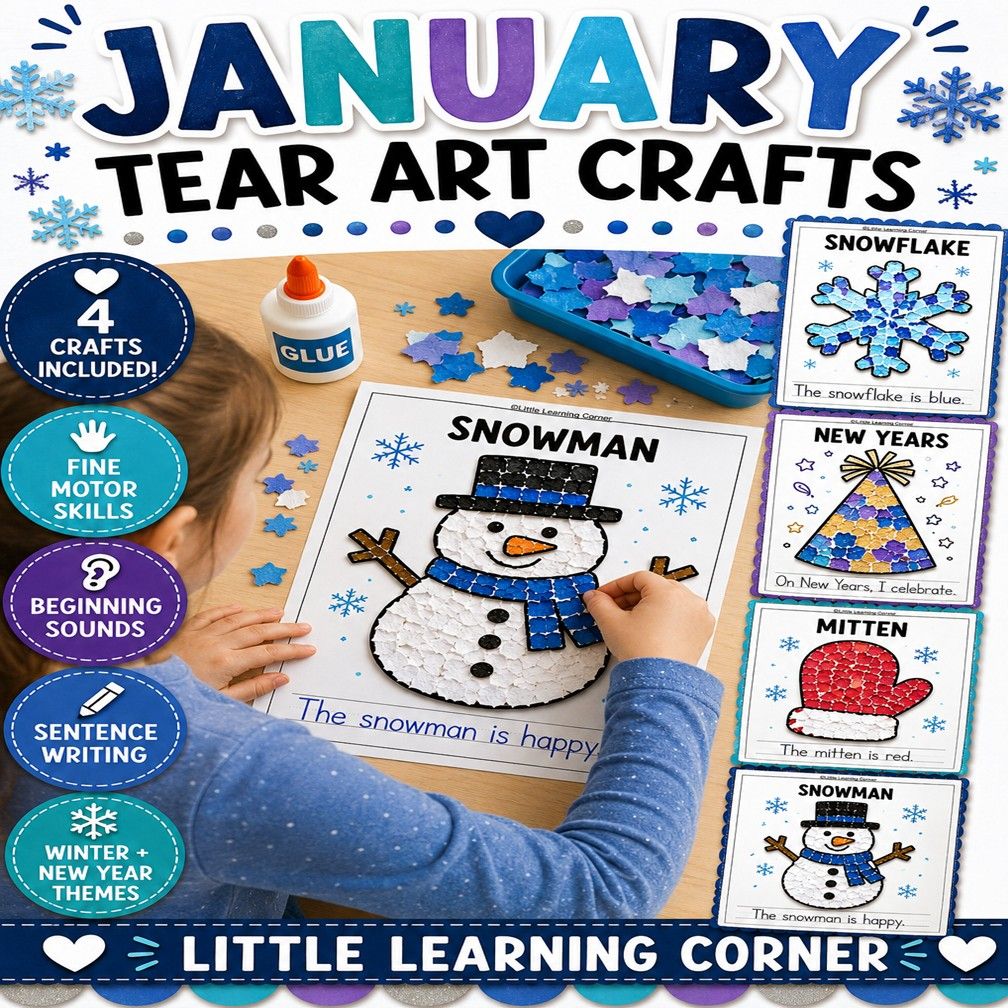 January Tear Art Crafts + Writing | Winter Fine Motor Coloring