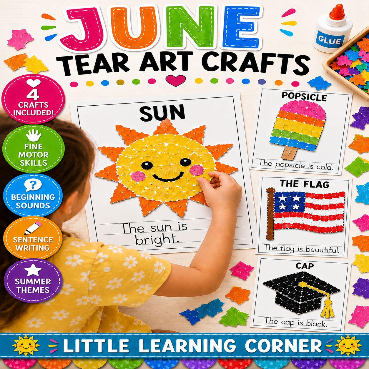 June Tear Art Crafts + Writing | Summer Fine Motor Coloring Pages