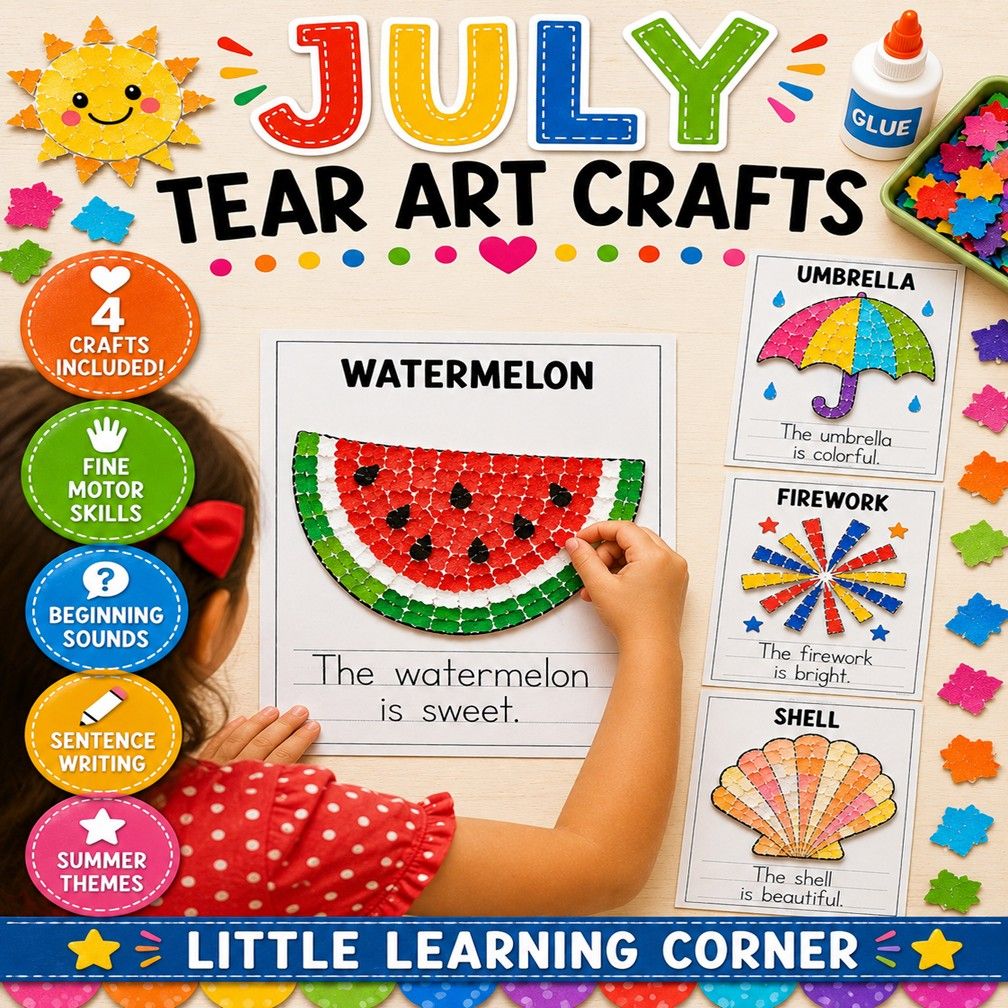 July Tear Art Crafts + Writing | Summer 4th of July Fine Motor Coloring Pages