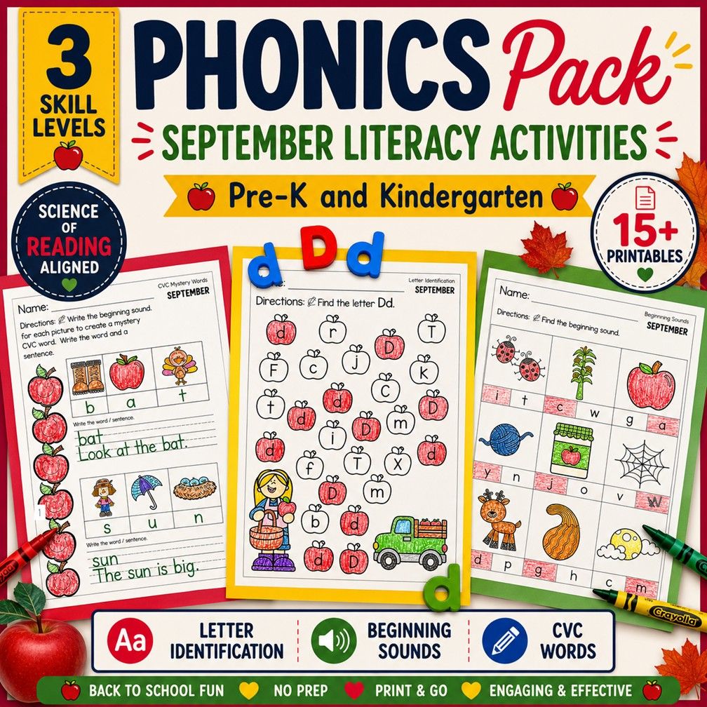 September Phonics Activities | Science of Reading | PreK TK Kindergarten | Letter Hunts, Beginning Sounds, CVC Mystery Words