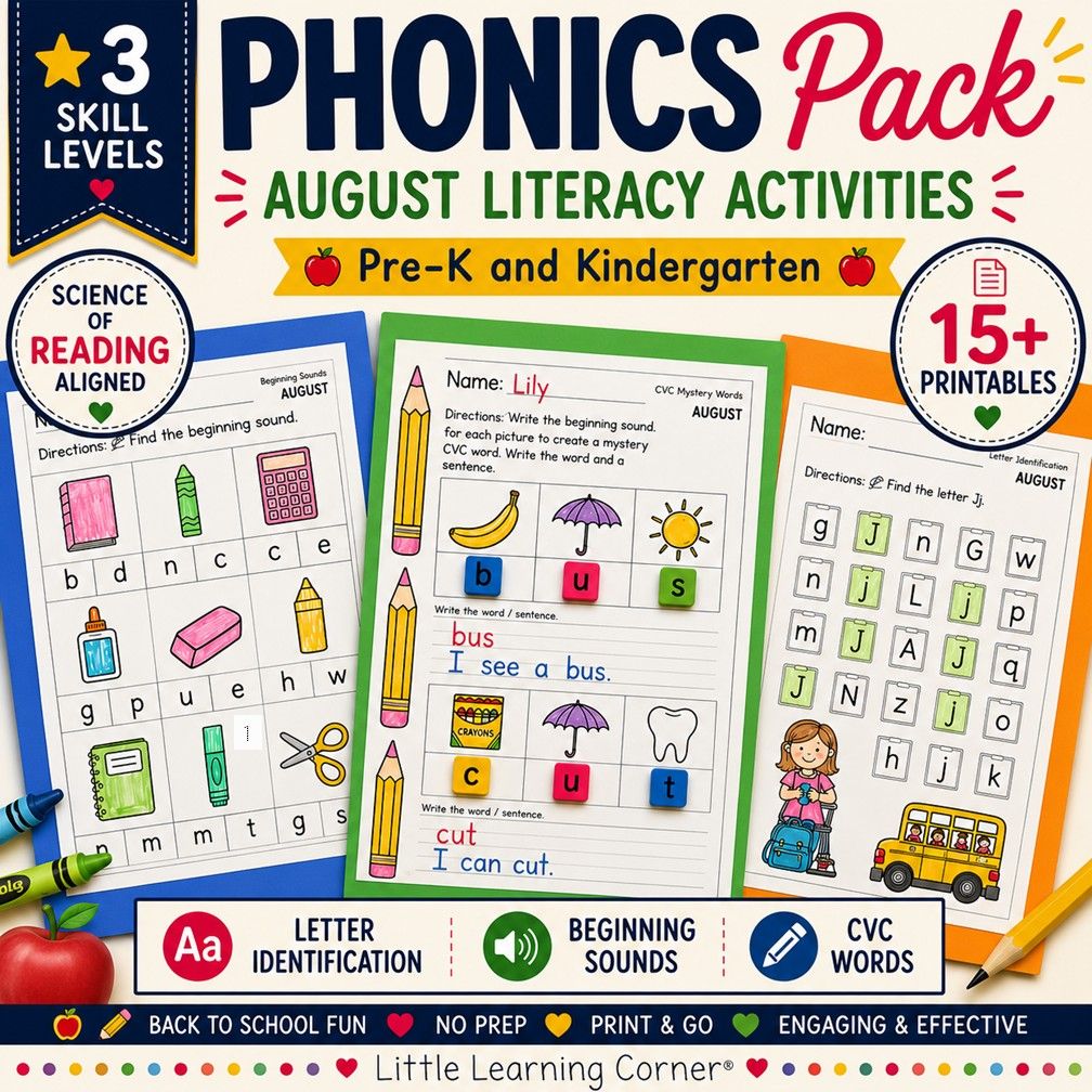 August Phonics Activities | Letter Hunts, Beginning Sounds, CVC Mystery Words
