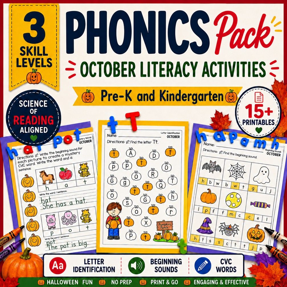 October Phonics Activities | Science of Reading | Literacy PreK TK Kindergarten | Letters, Beginning Sounds, CVC Words