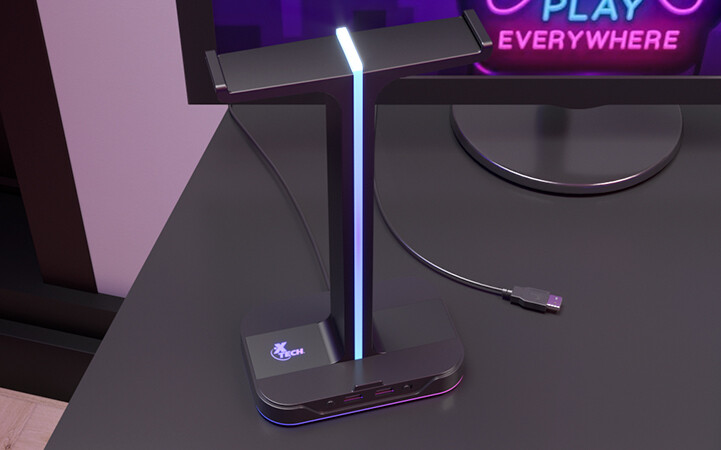 Xtech Yurei | Soporte de auriculares doble RGB con 2 puertos USB