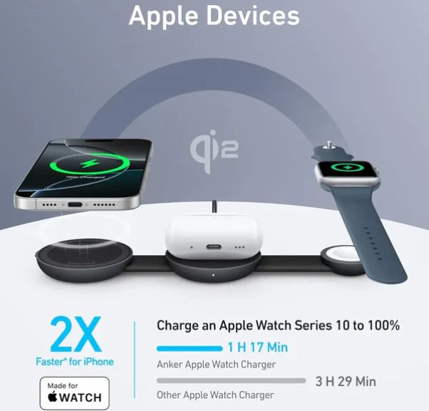 Anker MagGo 3-in-1 Foldable Charging Pad | 15W Qi2 Wireless Charger | Color Negro