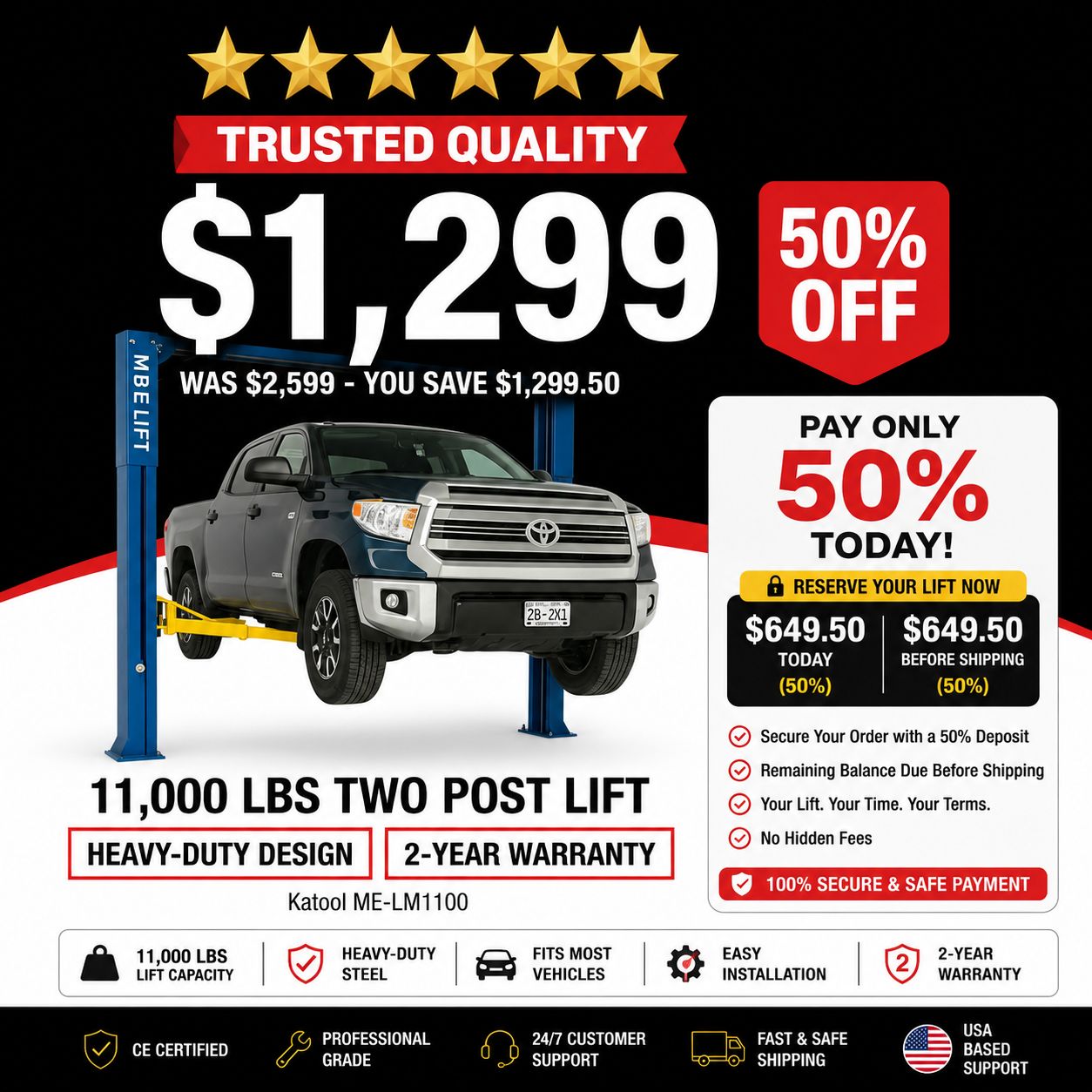 Katool ME-LM1100 Single Lock Release Two Post Vehicle Lift 11,000lbs — 50% Deposit