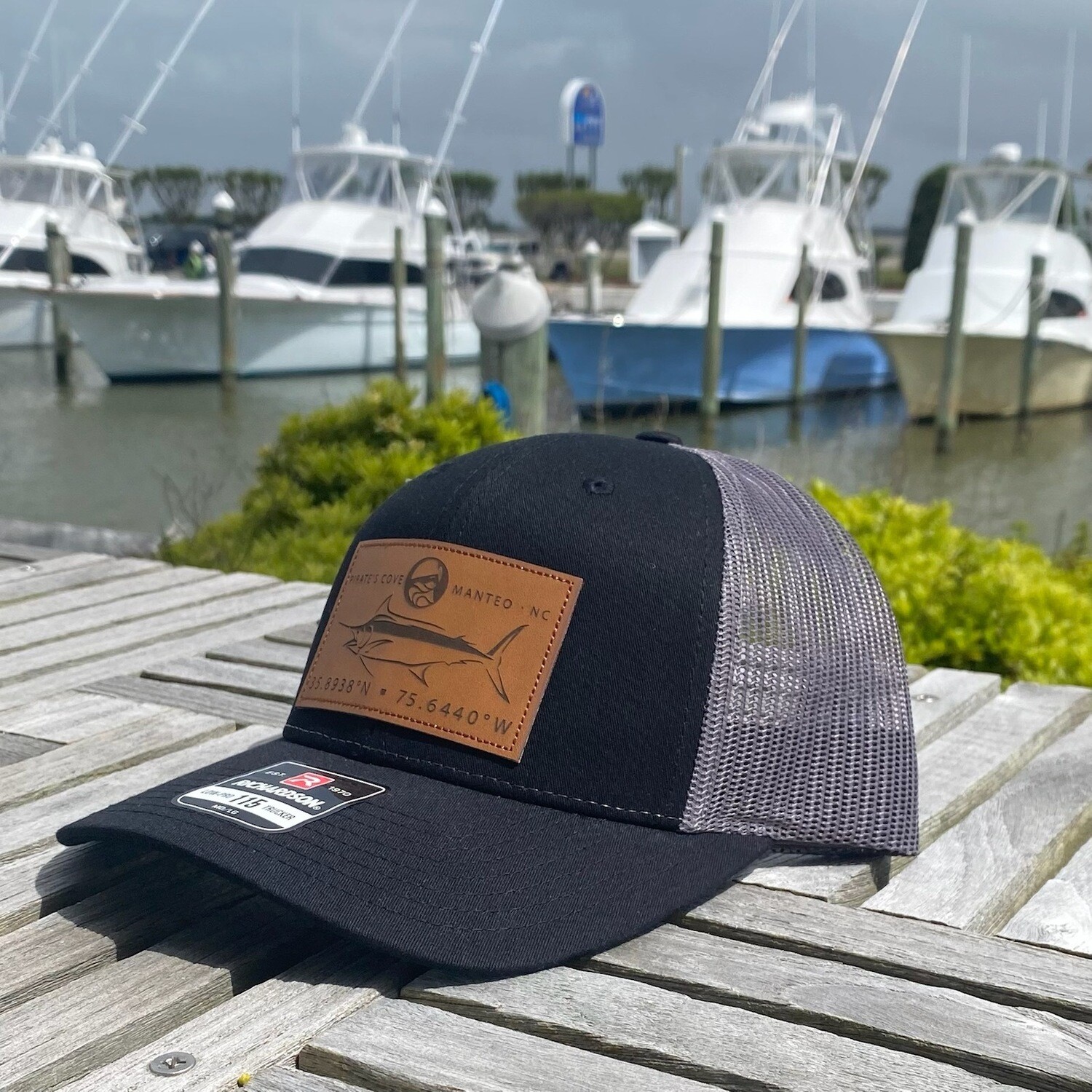 Pirates Cove 115 Leather GPS Patch Trucker Hat