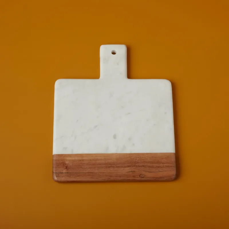 White Marble &amp; Acacia Wood Square Handled Board
