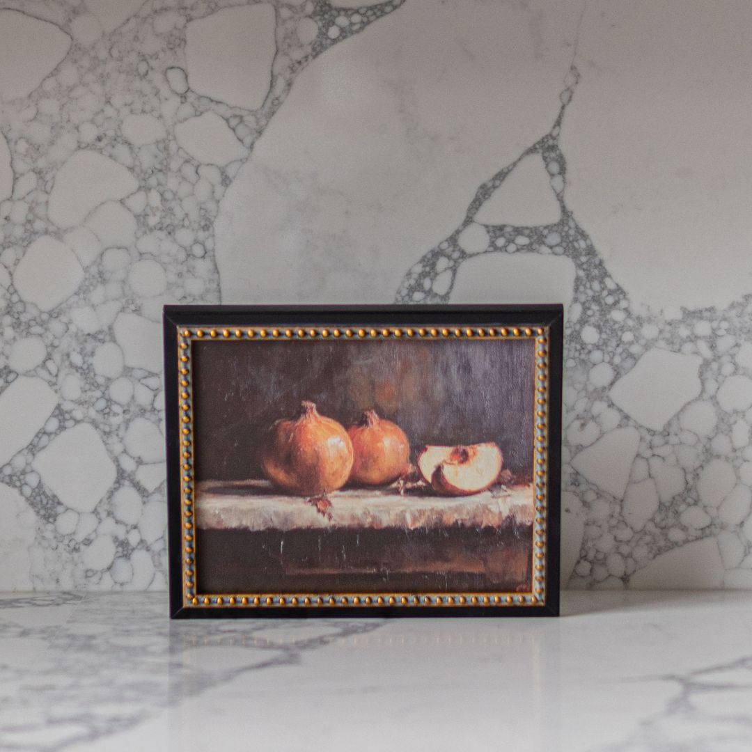Moody Pomegranate | Gold Beaded Black Framed Art 8 x 10