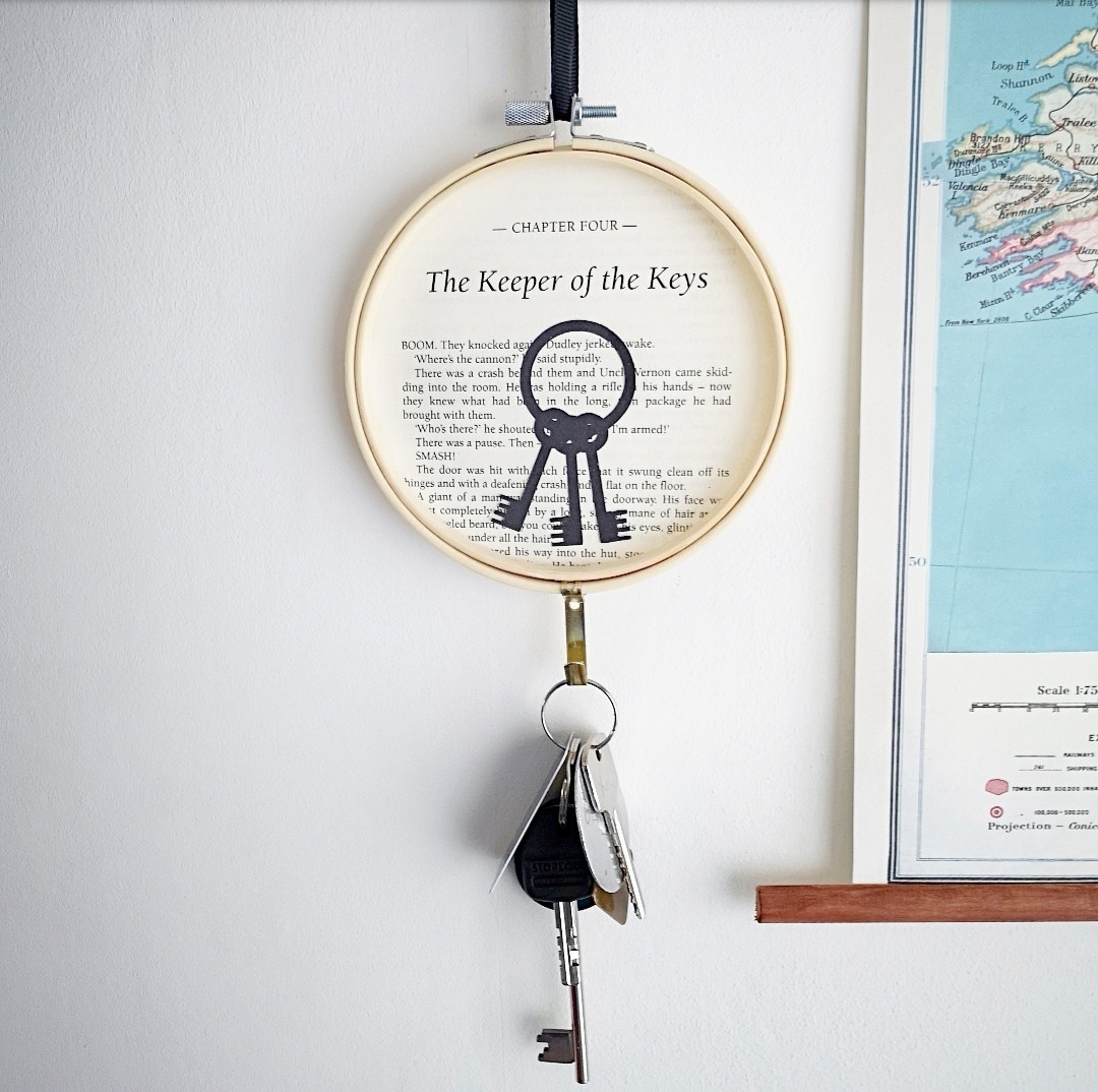 Keeper of the Keys, Key Hook; made from an original page of Harry Potter and the Philosophers Stone