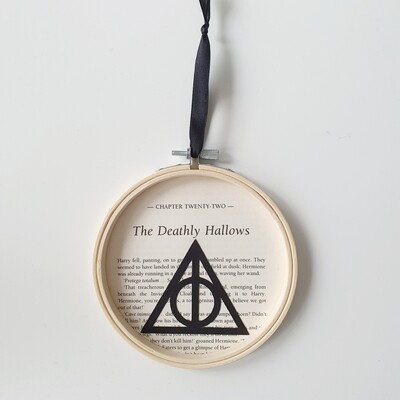 Harry Potter Deathly Hallows book art made from an original book page