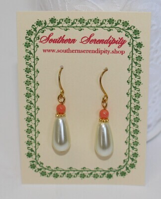 Beautiful Glass Pearl and Genuine Coral Earrings