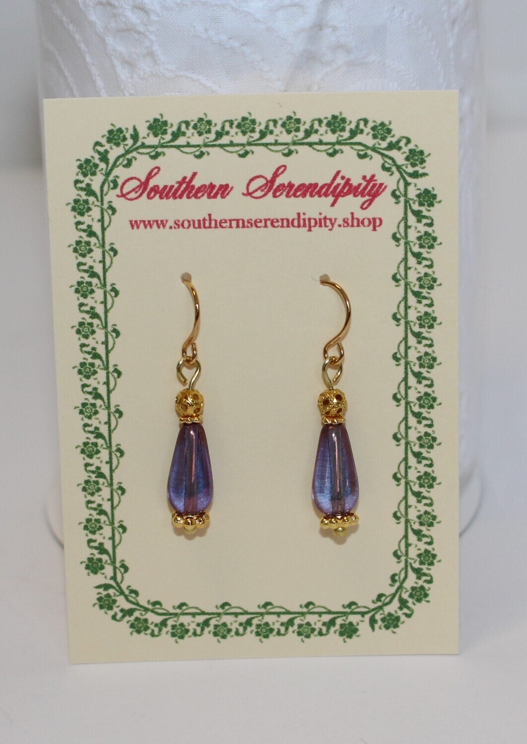 Lovely Iridescent Amethyst Czech Glass Drop Earrings