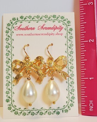 Faux Pearl Bow Drop Earrings