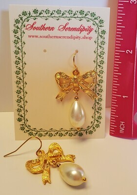 Faux Pearl Bow Drop Earrings