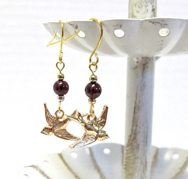 Gold-Plated Bird &amp; Garnet Earrings