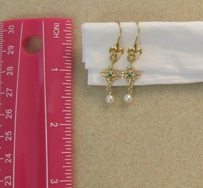 Filigree Faux Emerald &amp; Swarovski Pearl Earrings