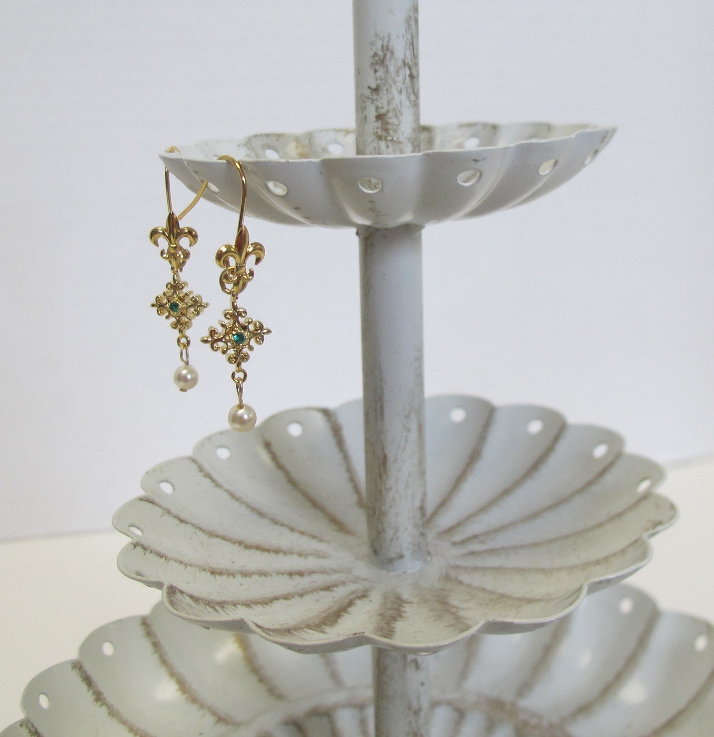 Filigree Faux Emerald &amp; Swarovski Pearl Earrings