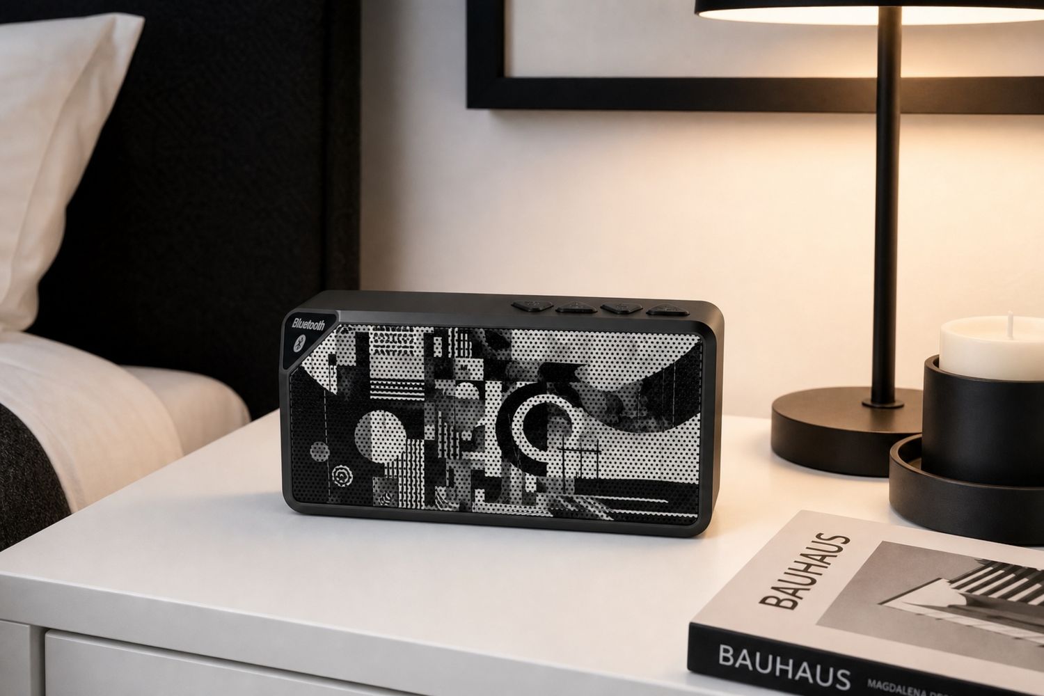 Monochrome Signal Portable Bluetooth Speaker | Black White Abstract Art Speaker | Minimalist Sanctuary Sound | Rechargeable