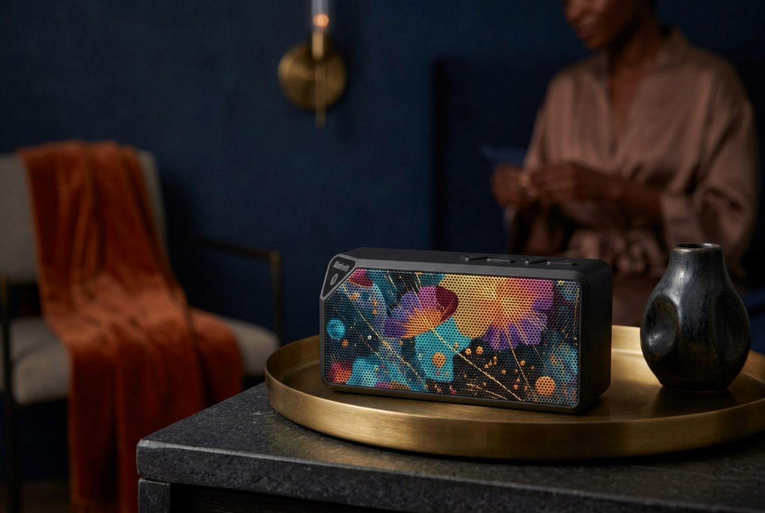 Cosmic Bloom Portable Bluetooth Speaker | Cosmic Floral Art Speaker | Midnight Gold Sanctuary Sound | Rechargeable