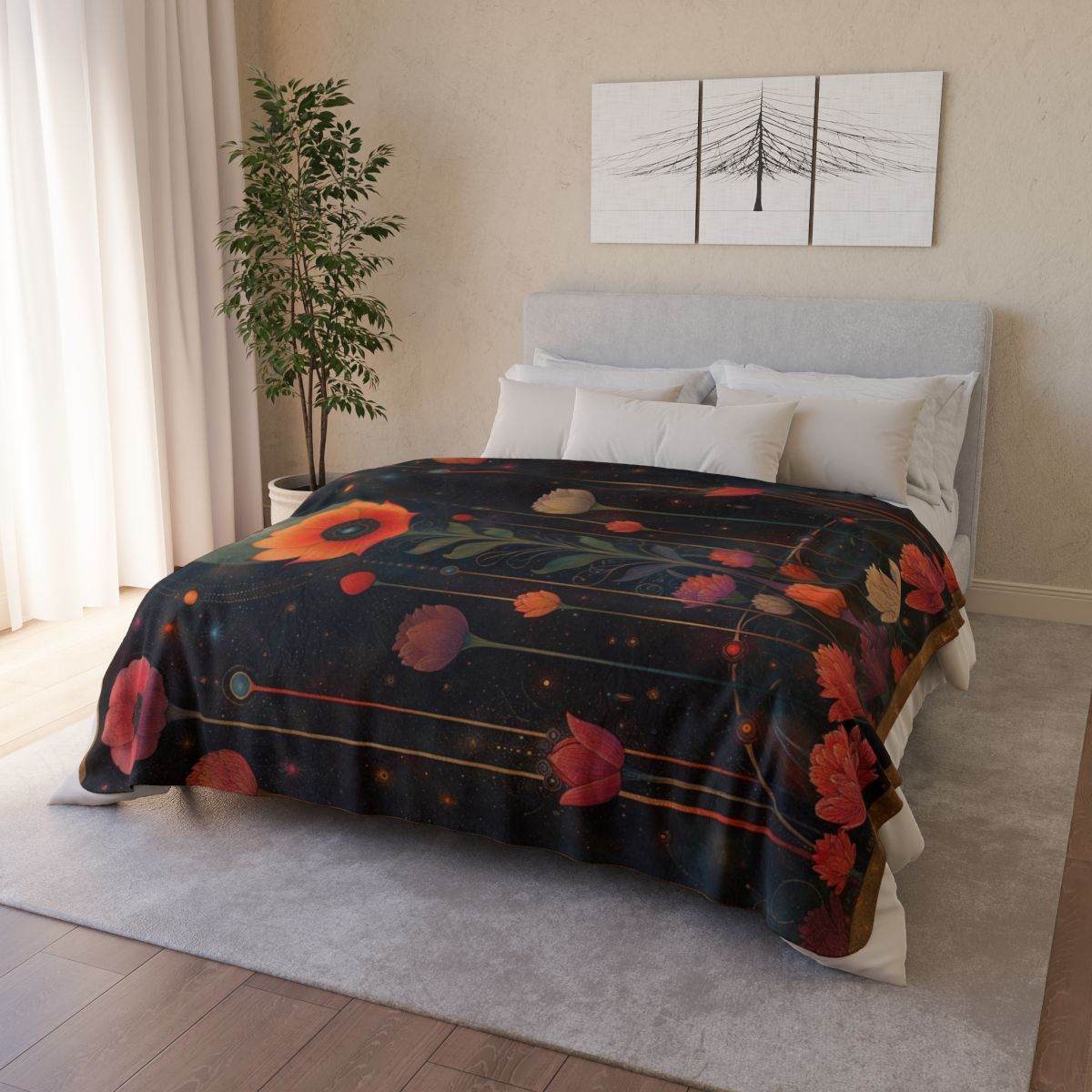 Floral Moonlight Sherpa Blanket — Cozy Boho Botanical Throw