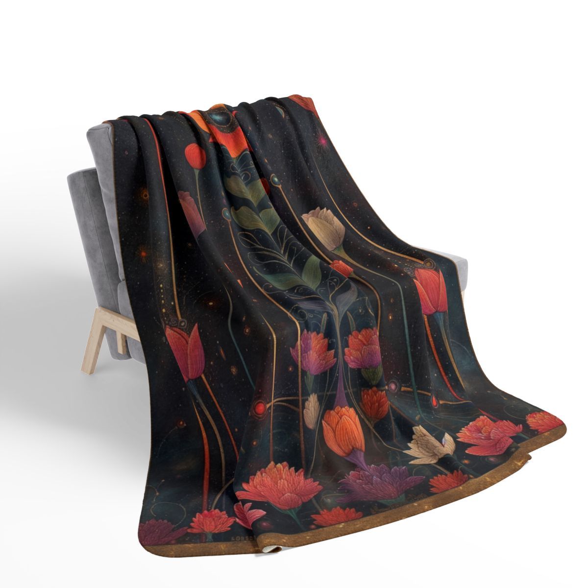 Floral Moonlight Sherpa Blanket — Cozy Boho Botanical Throw