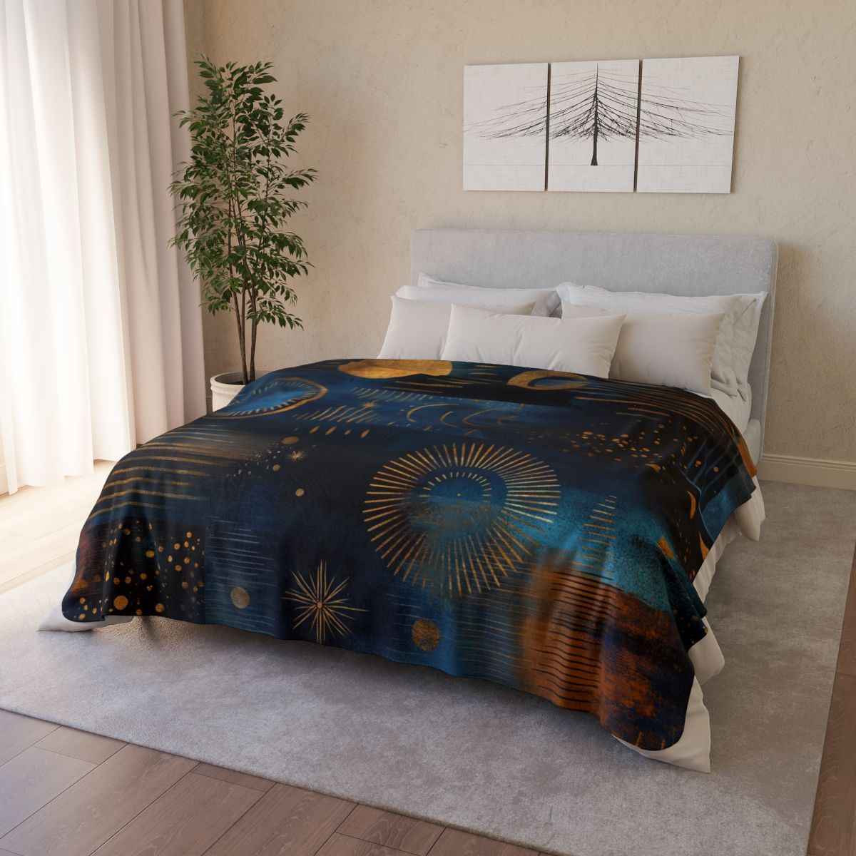 Celestial Moon &amp; Sun Fleece Sherpa Blanket — Navy Blue Gold Astral Throw
