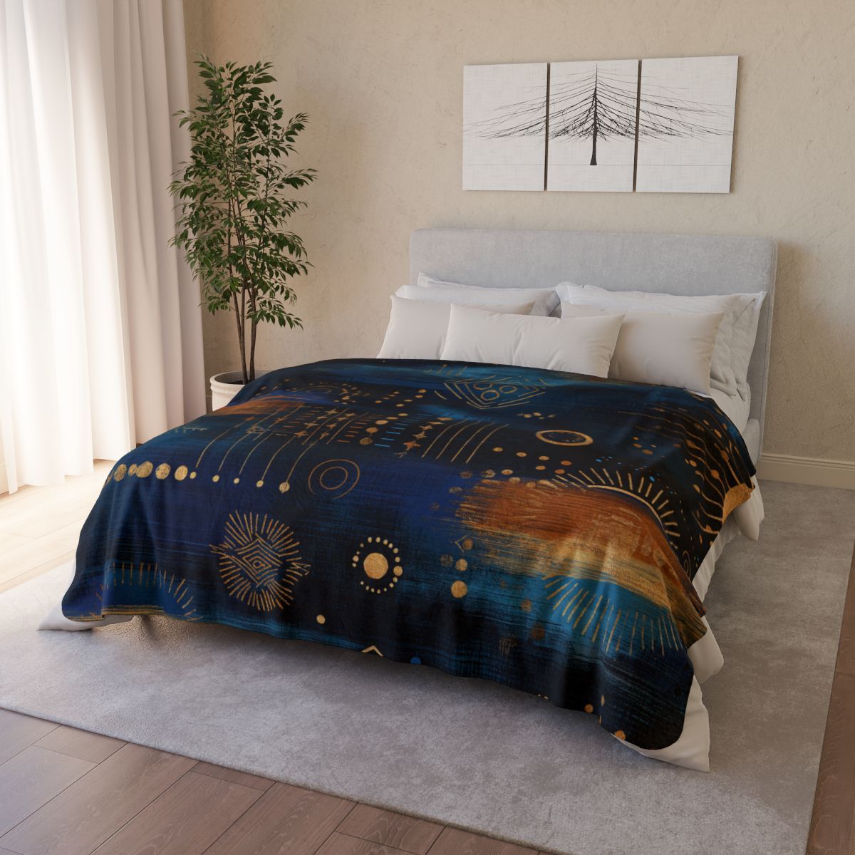 Galaxy Gold Geometric Sherpa Blanket — Blue Celestial Fleece Throw