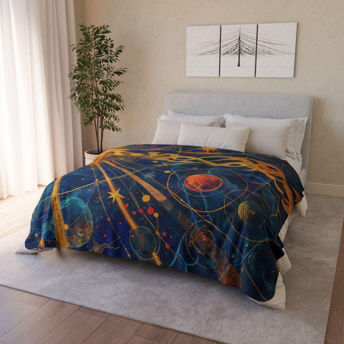 Celestial Sunburst Sherpa Blanket — Cosmic Planets &amp; Golden Rays