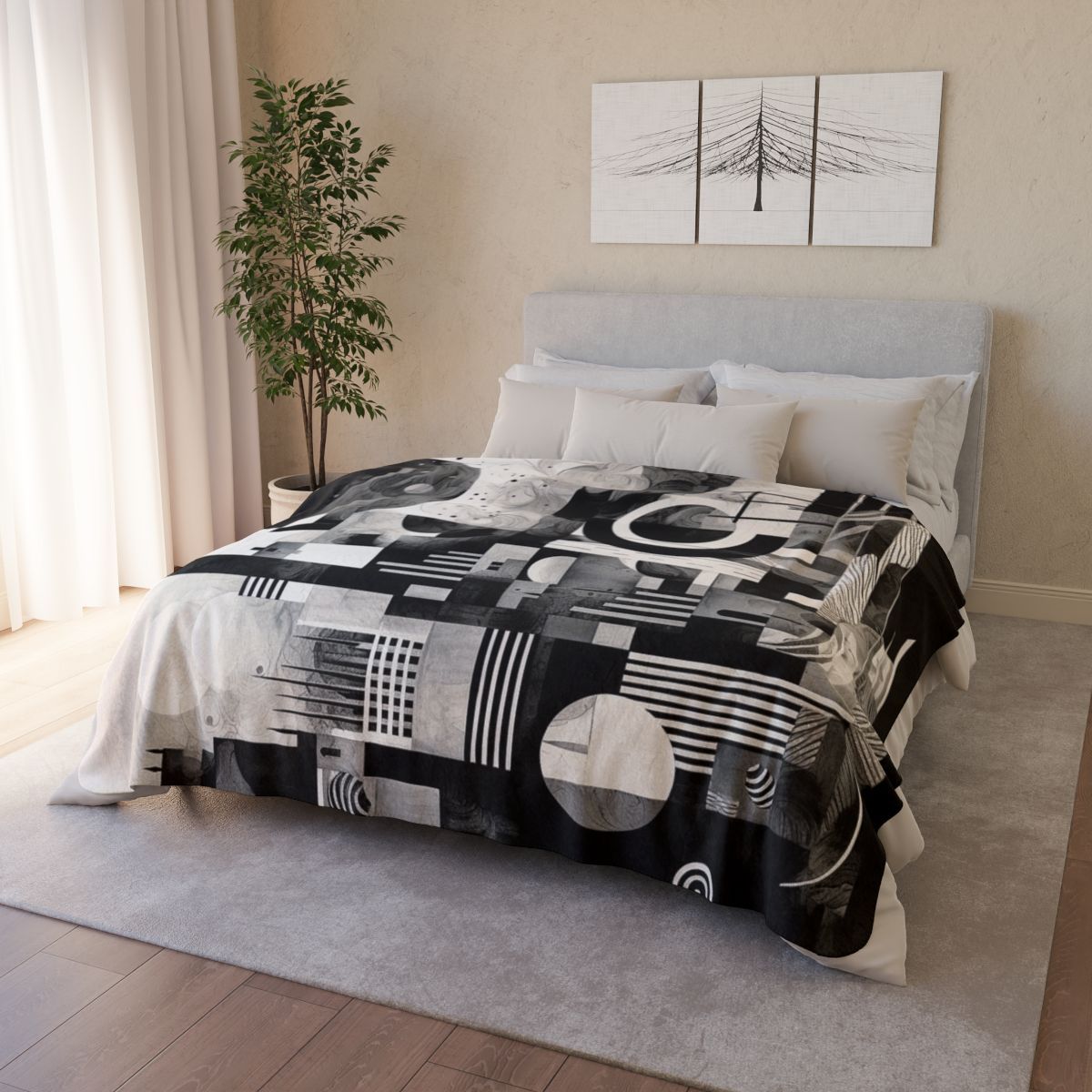 Monochrome Cityscape Sherpa Blanket — Abstract Black &amp; White Fleece Throw