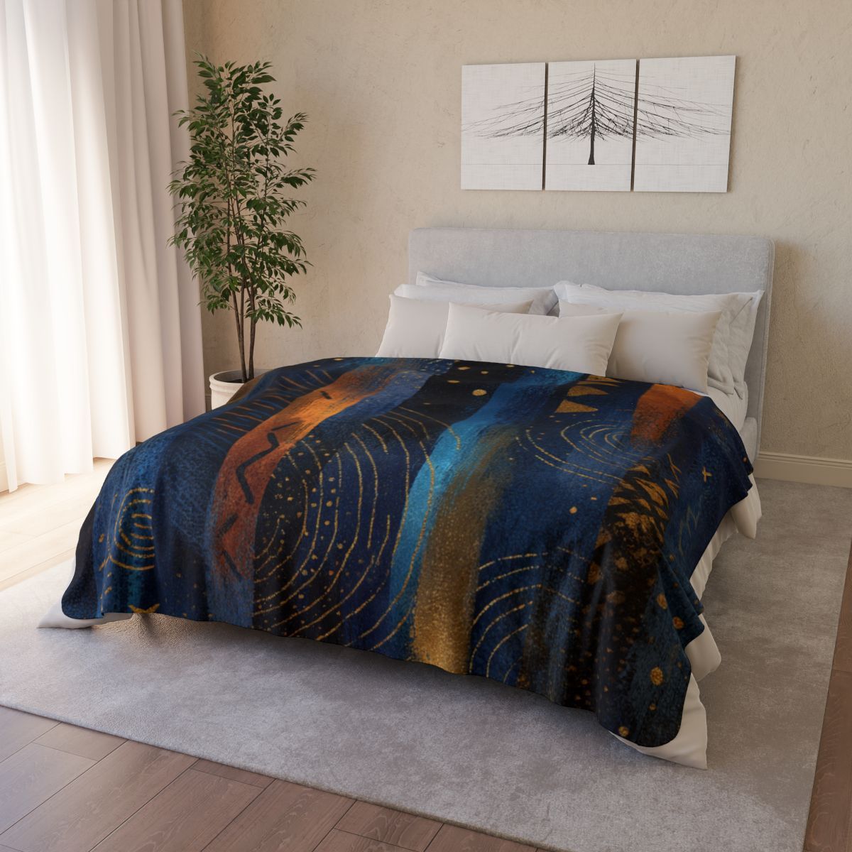 Abstract Blue &amp; Gold Sherpa Blanket — Cozy Geometric Fleece Throw