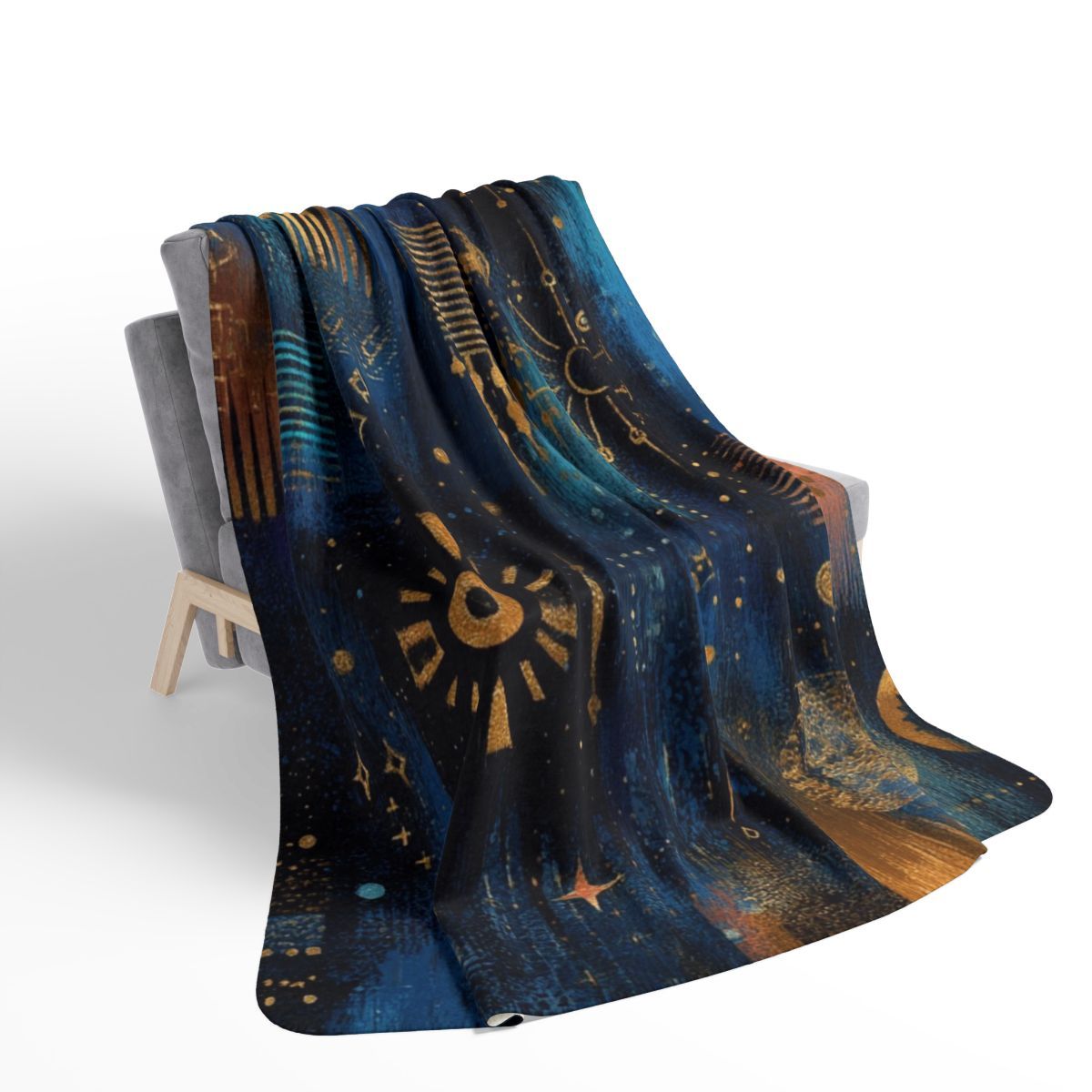 Celestial Night Sherpa Blanket — Blue &amp; Gold Cosmic Fleece Throw