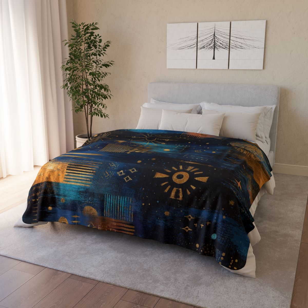 Celestial Night Sherpa Blanket — Blue &amp; Gold Cosmic Fleece Throw