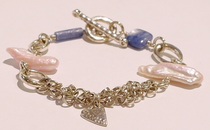 Silver freshwater pearl and cyanite bracelet
