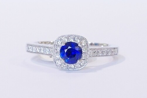 Platinum sapphire and diamond ring