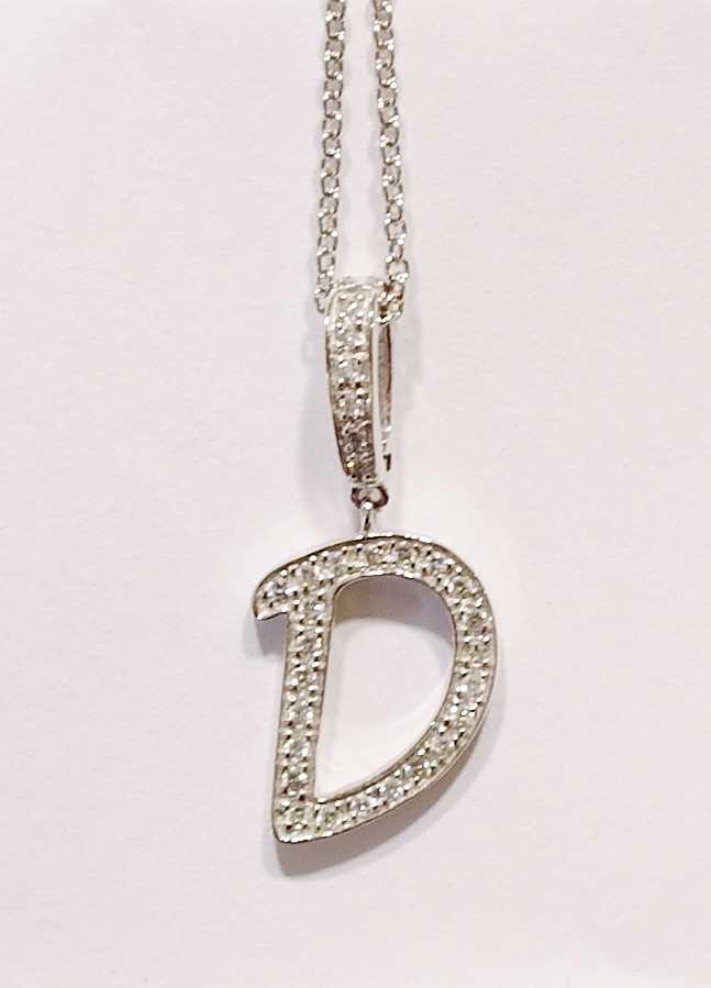 9ct white gold diamond initial 'D' pendant