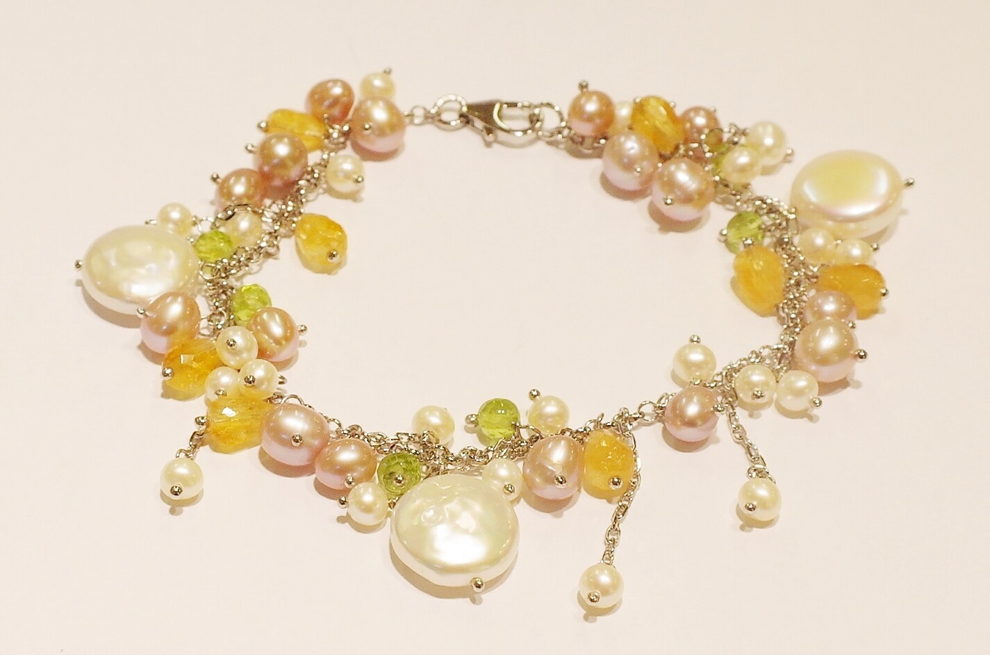 Sterling silver pearl and gemstone bracelet