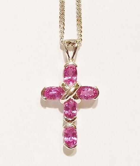 9ct white gold pink sapphire and diamond cross