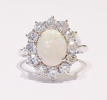 18ct white gold fire opal and diamond ring